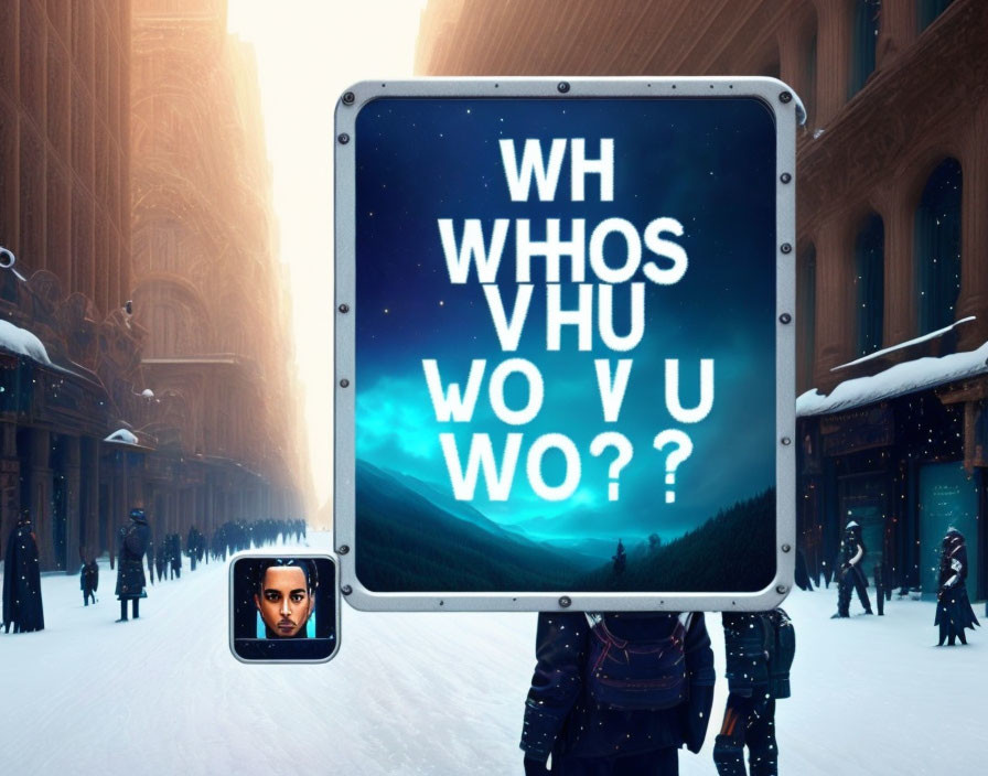 Snowy urban scene with people walking and digital sign showing woman's face.