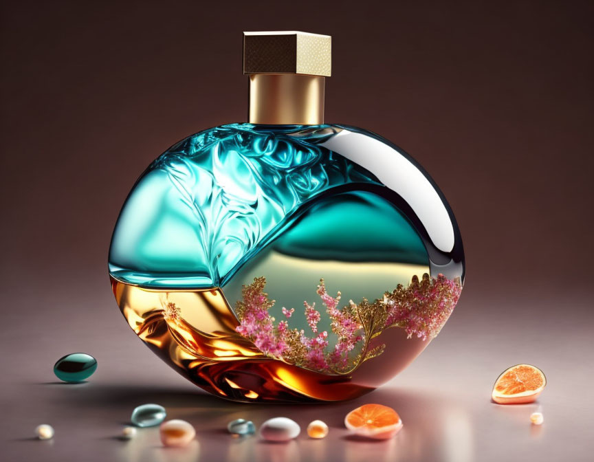 Luxurious Perfume Bottle with Gold Cap and Blue to Amber Gradient Design