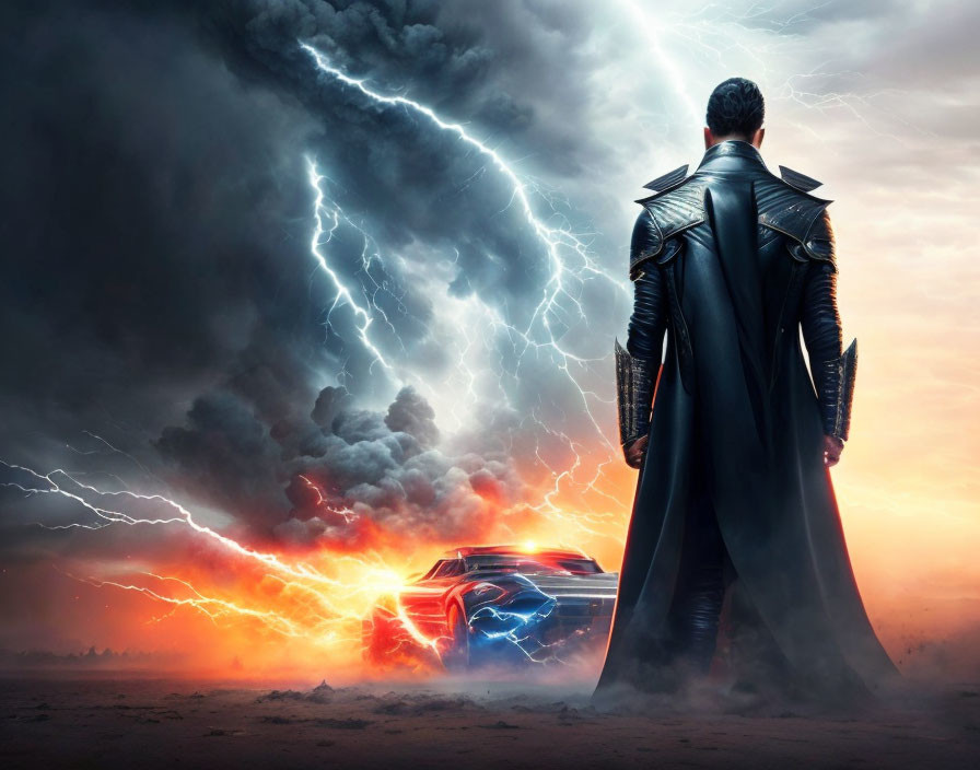 Man in futuristic black coat stands before storm clouds and glowing car in apocalyptic scene