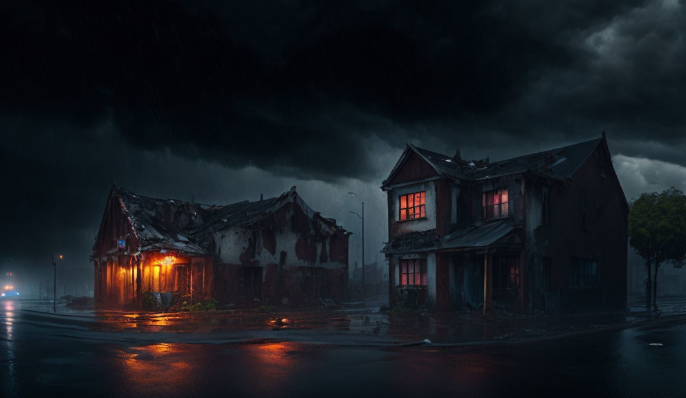 Gloomy night scene: Two decrepit houses under stormy sky with rain, one lit by