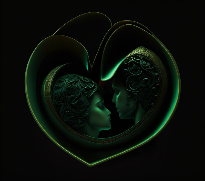 Dual profile heart shape with neon glow and intricate patterns on dark backdrop