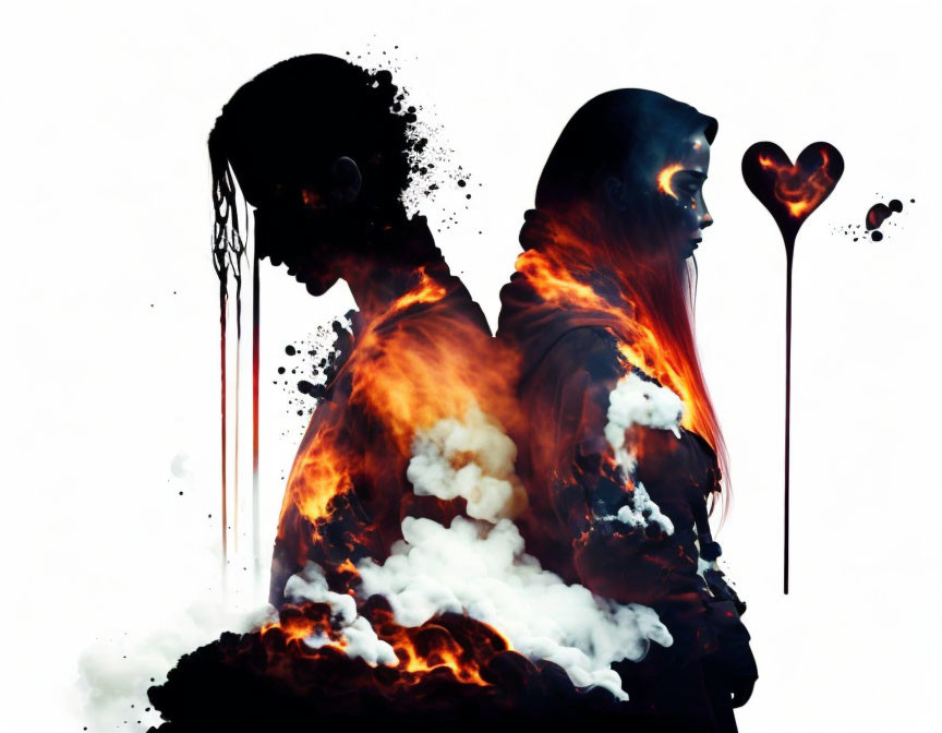 Male and female silhouette with fiery and smoky textures and heart shape between.