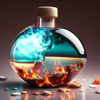 Luxurious Perfume Bottle with Gold Cap and Blue to Amber Gradient Design