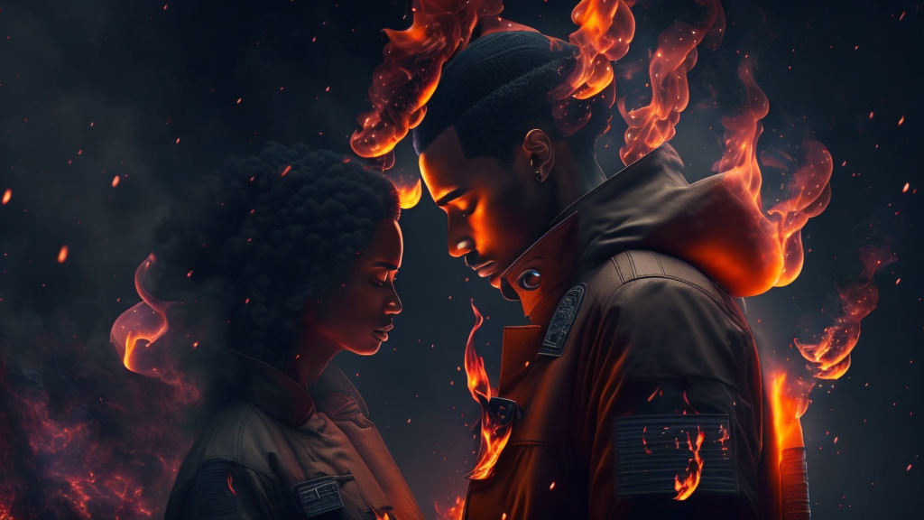 Two individuals surrounded by flames in a dark, moody setting