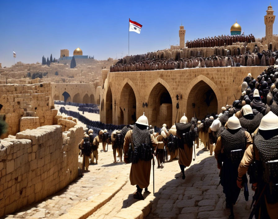 Historical armor group crossing stone bridge with flag and landmarks in sunny backdrop