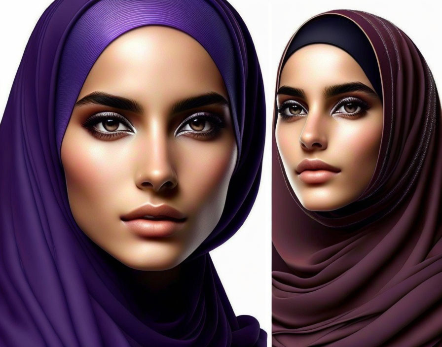 Realistic digital art: Two portraits of a woman in hijab, one purple and one brown