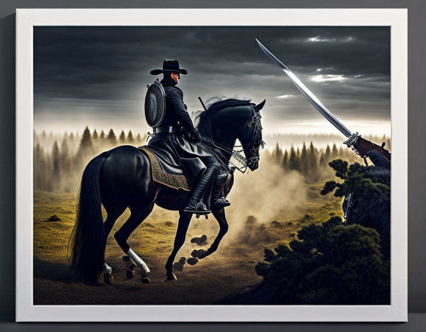 Historical scene: Person on black horse with sword in foggy forest