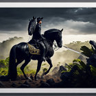 Historical scene: Person on black horse with sword in foggy forest