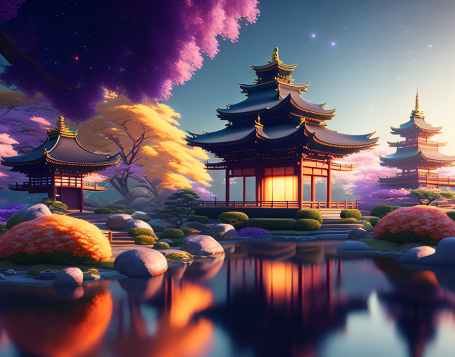 Tranquil Japanese pagodas in lush garden with pond at night