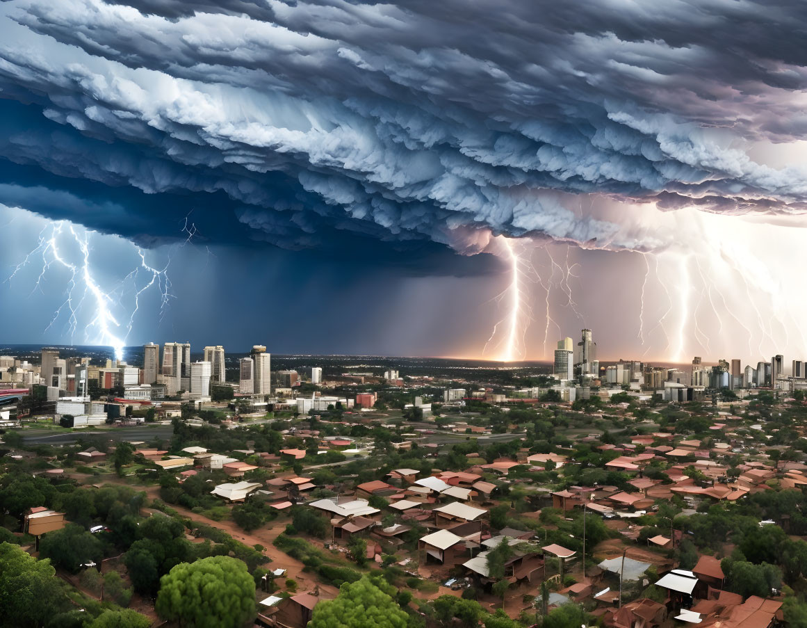 Cityscape under dramatic thunderstorm with lightning strikes.