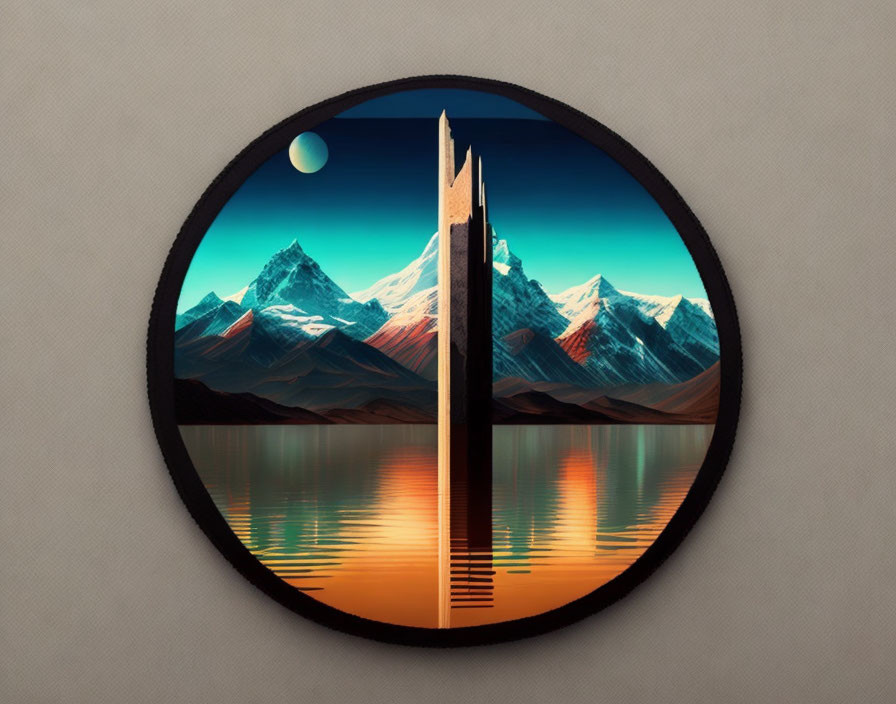 Futuristic tower reflecting in water with snow-capped mountains and twilight sky