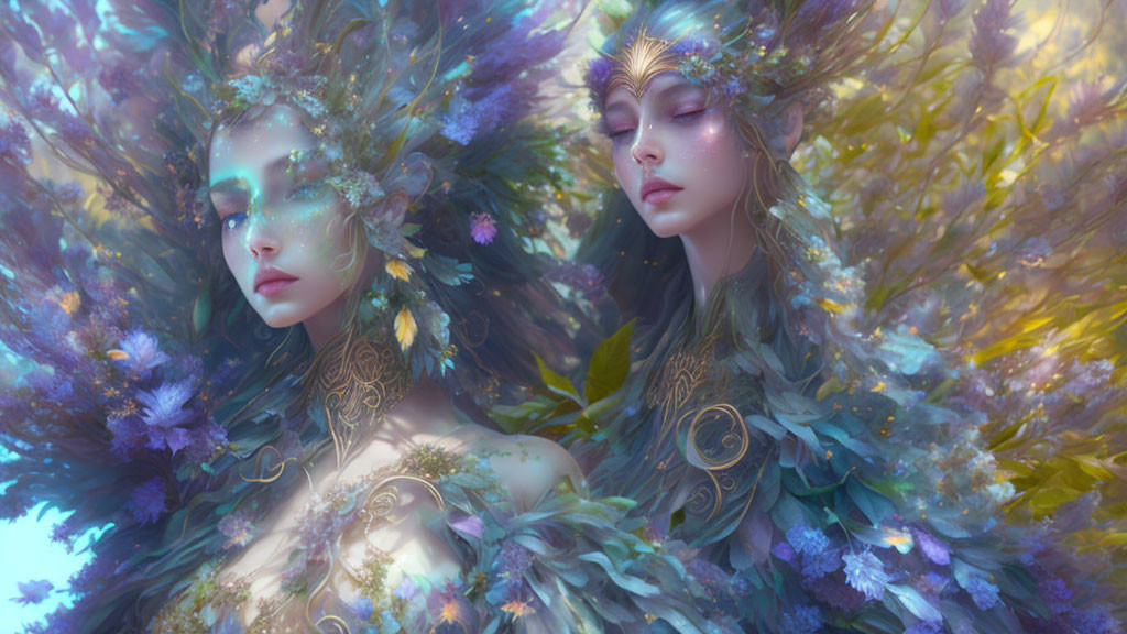 Ethereal beings with floral adornments in a colorful forest