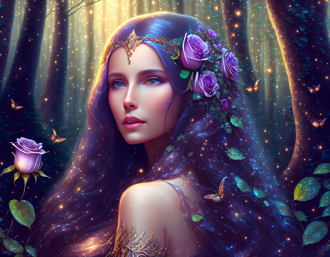 Mystical woman with roses and butterflies in enchanted forest