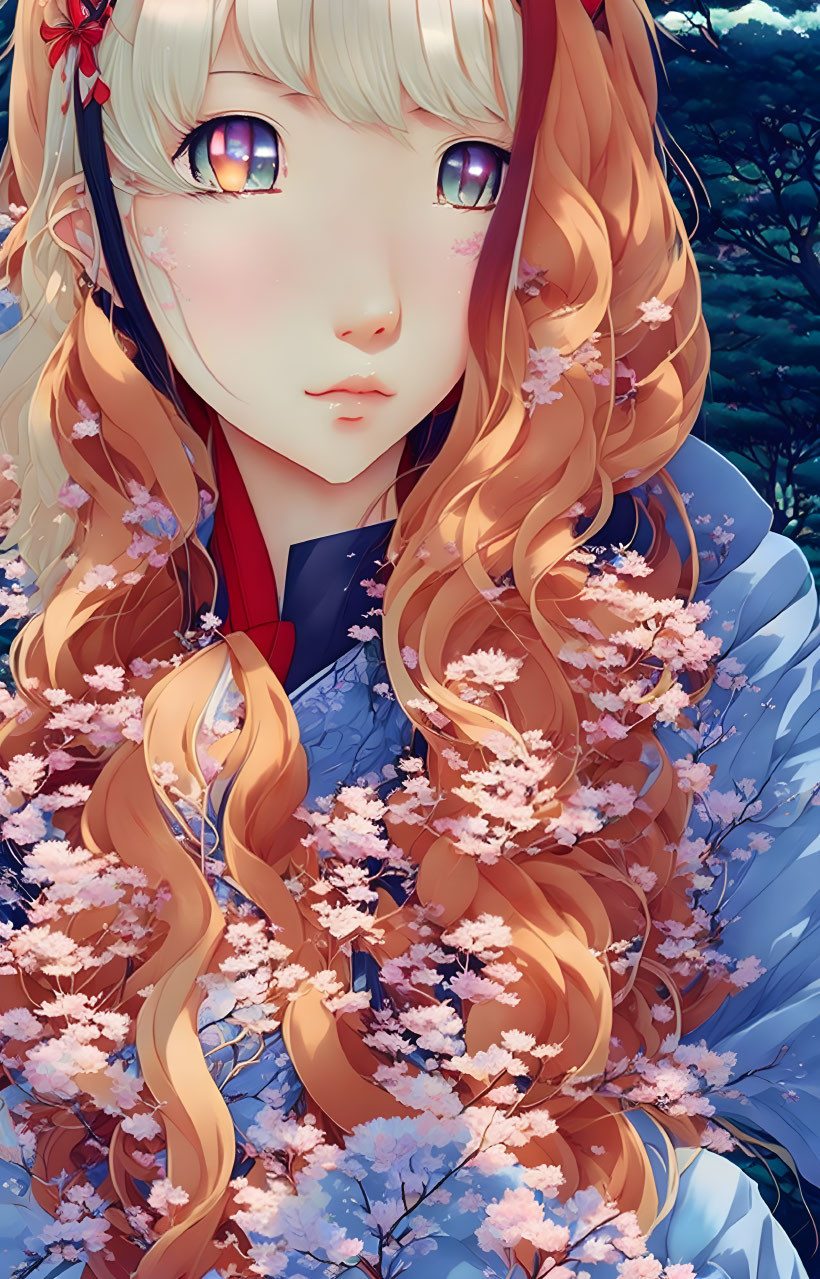 Blonde Curly-Haired Girl with Pink Eyes and Cherry Blossoms in Blue Outfit