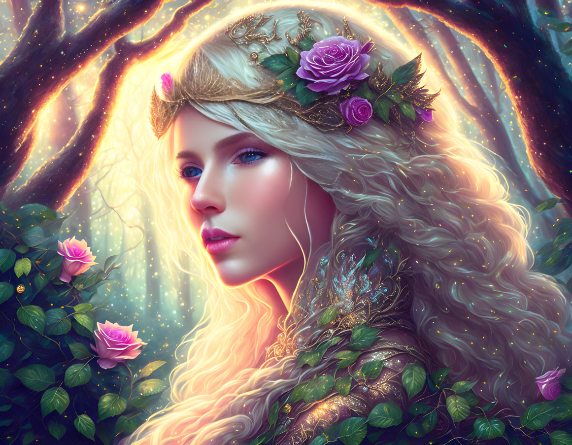 Mystical woman with curly hair in enchanted forest.