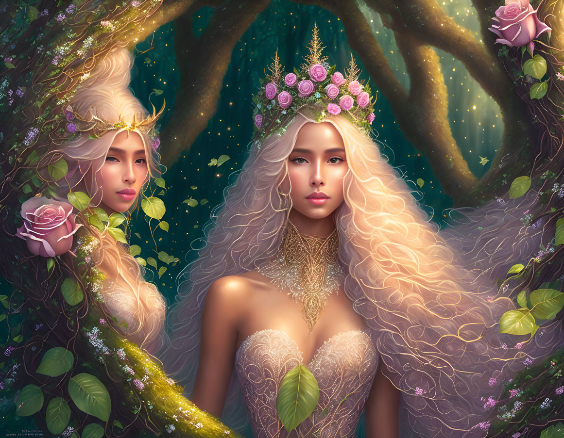 Illustration of woman with blond hair and floral crown in mystical garden.