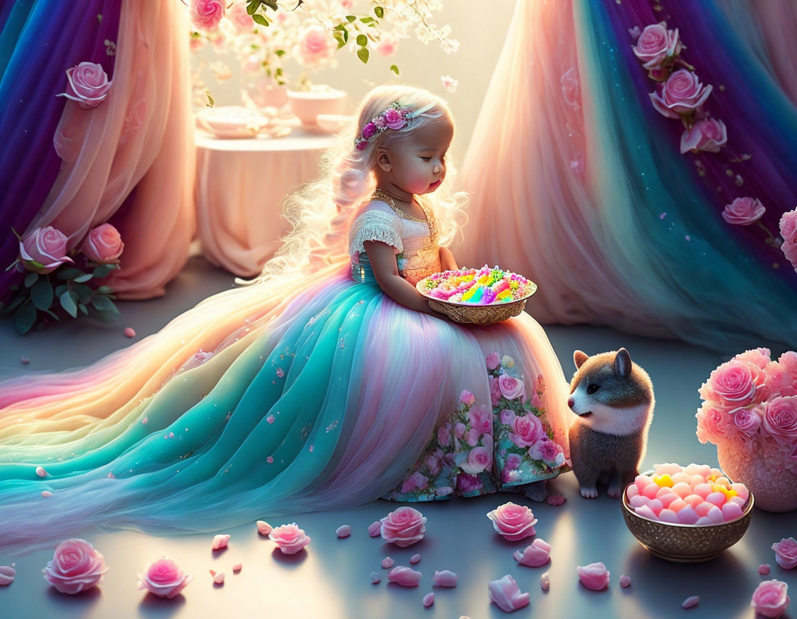 Young girl in pastel gown with candies and raccoon among flowers