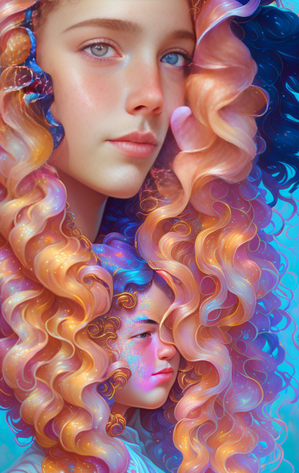 Vibrant Blue and Orange Curly Hair Portrait on Cool Background