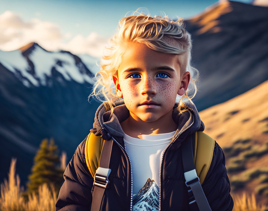 Blond child with freckles, backpack, golden sunset mountains