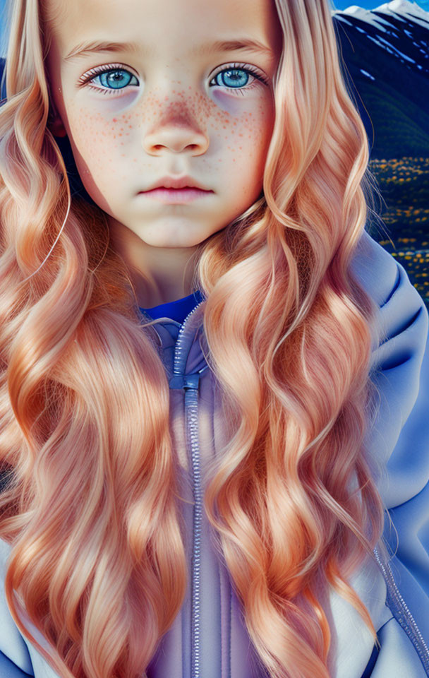 Digital artwork of young girl with blue eyes, pink hair, freckles, and blue hoodie