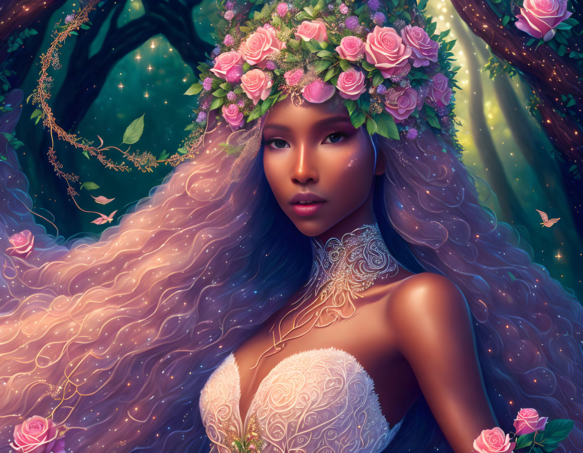 Mystical woman with wavy hair and rose wreath in enchanted forest