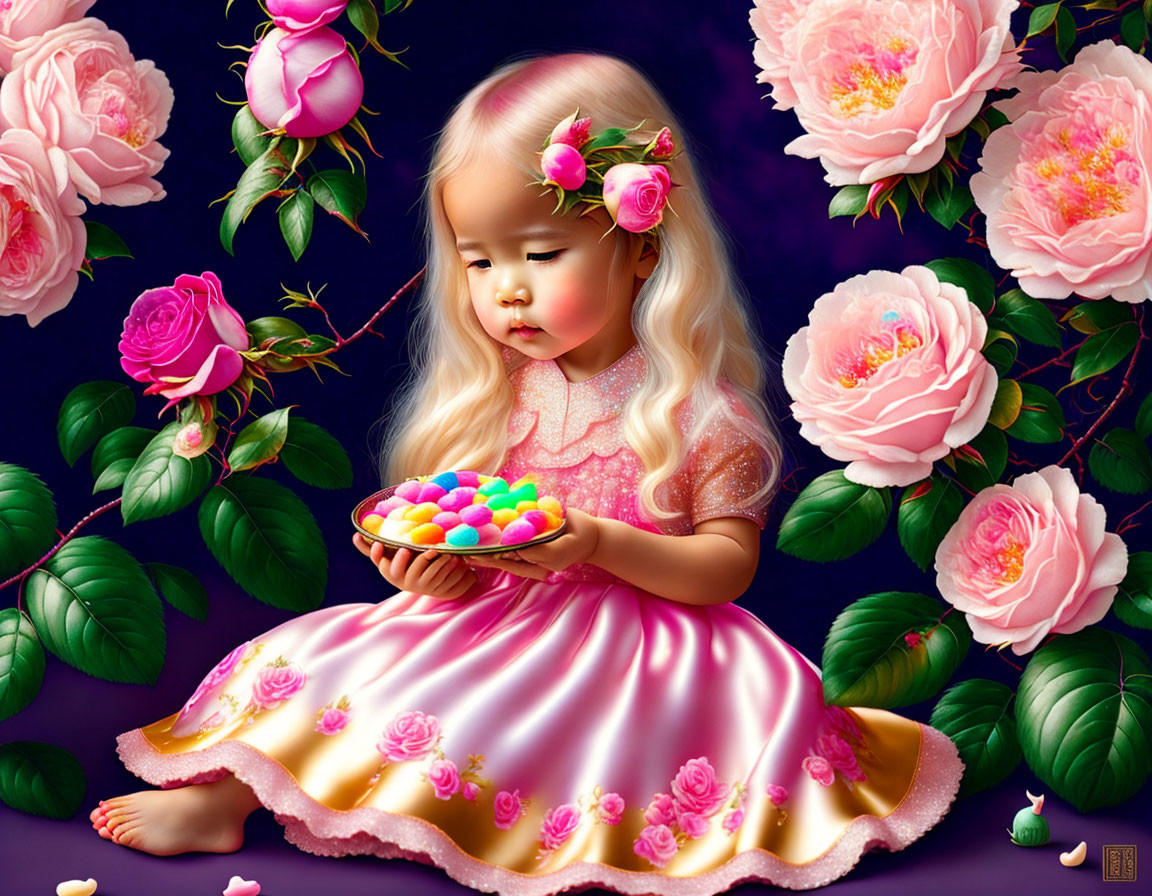 Young girl with floral headband admiring colorful candies and pink roses on purple background