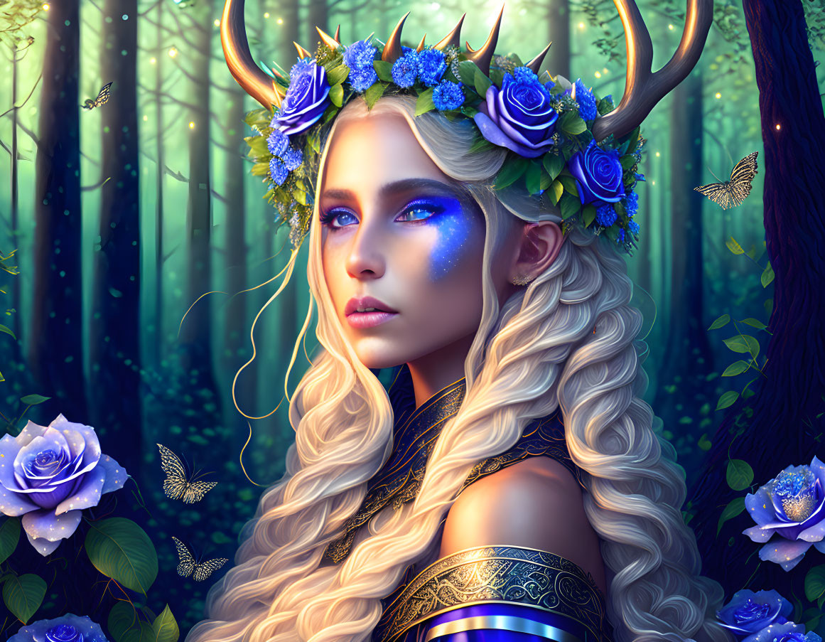 Portrait of mystical woman with antlers, floral crown, blue makeup, blue roses, and butterflies in