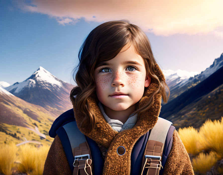 Digital artwork: Young girl with freckles and brown hair, jacket, backpack, mountain sunset backdrop