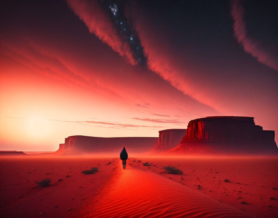 Person walking towards mesas under starry sky in surreal desert landscape at dusk