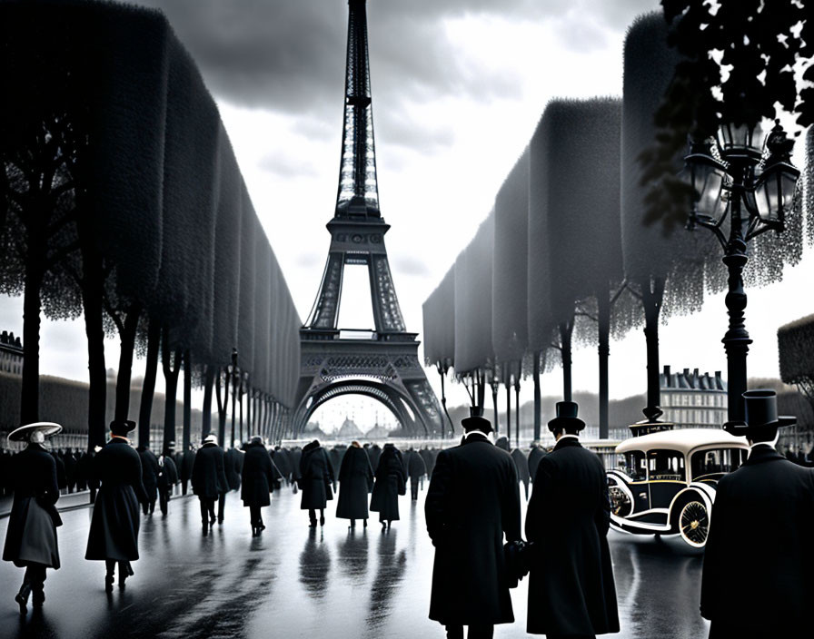 Classic Attire People Walking in Rainy Paris Scene