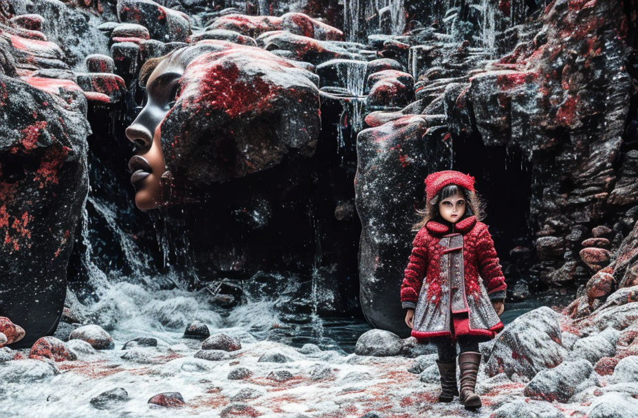 Child in Red Coat Stands Near Giant Face Sculpture in Snowy Landscape