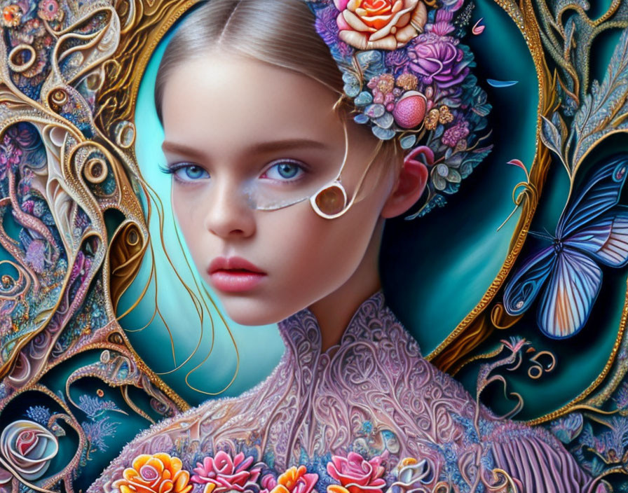 Digital painting: Girl with blue eyes, floral patterns, metallic details, and butterfly.