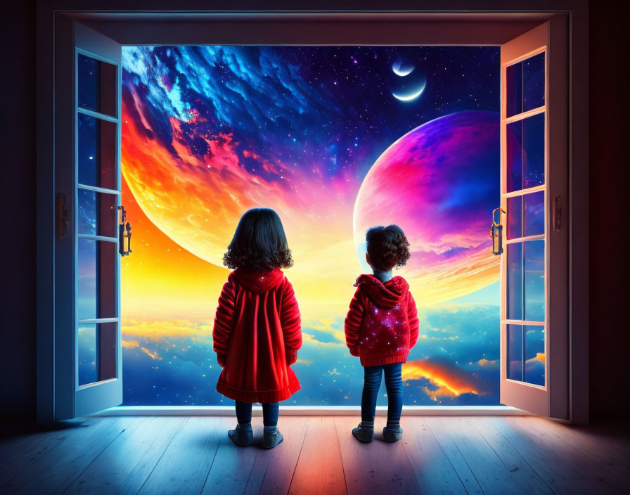 Children in red coats gaze at cosmic scene with planets and stars