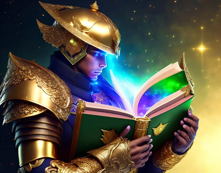 Armored figure with golden helmet reading glowing magical book against starry backdrop