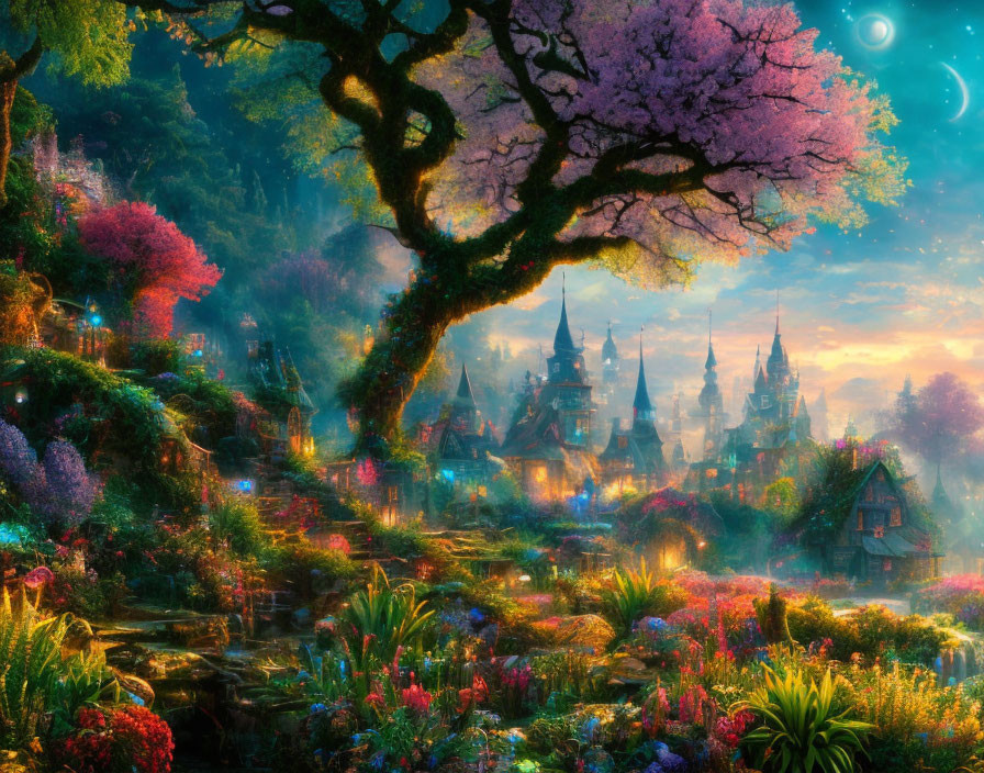 Colorful Fantasy Landscape with Blooming Tree, Whimsical Village, and Twilight Sky