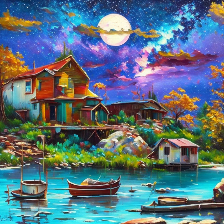 Colorful Lakeside Houses Under Starry Sky with Moon and Boats