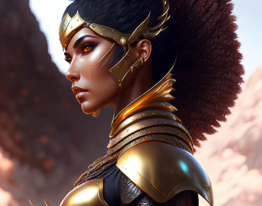 Digital artwork: Woman in golden armor with intricate designs and fierce expression on rocky background