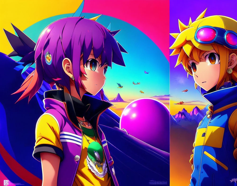 Yellow and purple animated characters with unique hair against a fantasy sky.