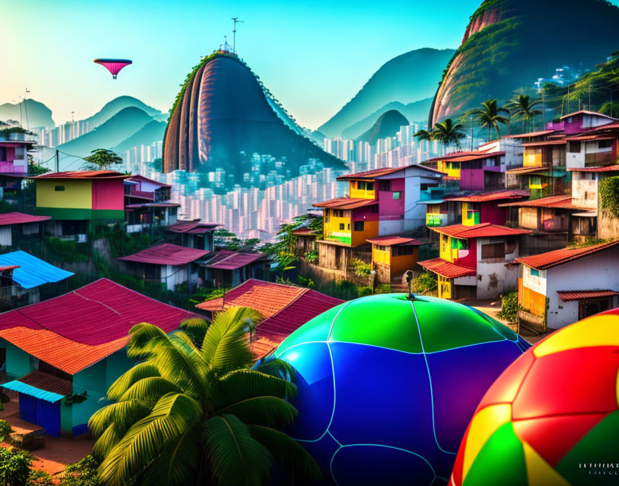 Colorful favela with lush mountain backdrop and paraglider in clear sky