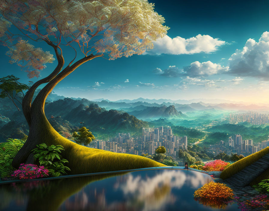 Tranquil landscape with tree, flowers, river, and city skyline in the distance