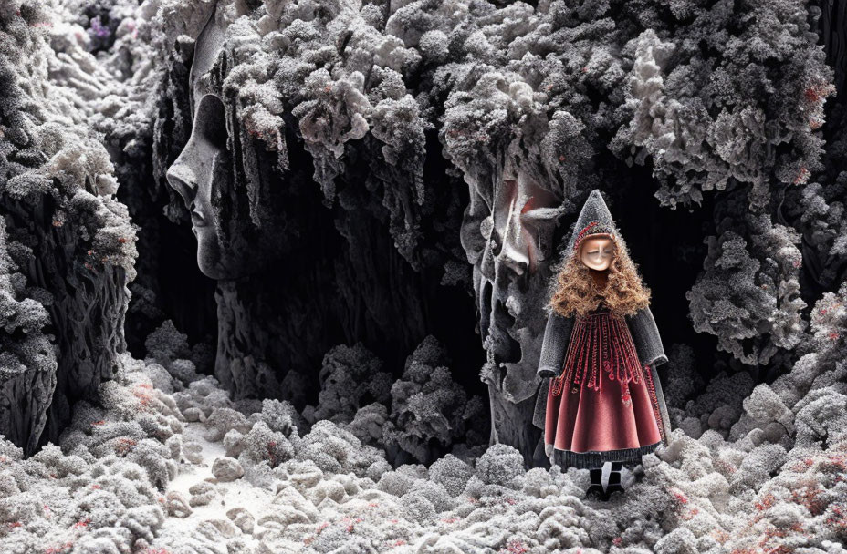 Red-caped doll in surreal frosty landscape with textured cliffs