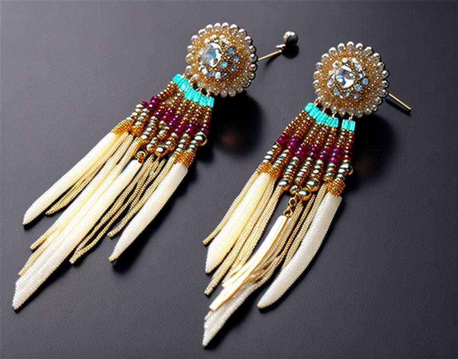 Colorful Beaded Tassel Earrings with Gold, Blue, Brown Beads