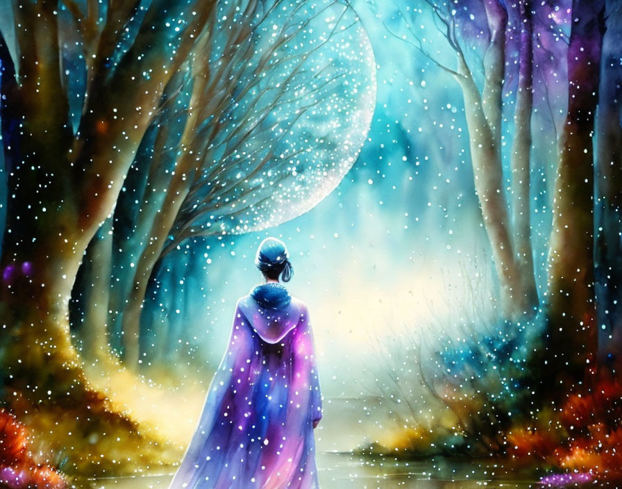 Person in Purple Cloak in Mystical Forest Under Full Moon and Snowflakes