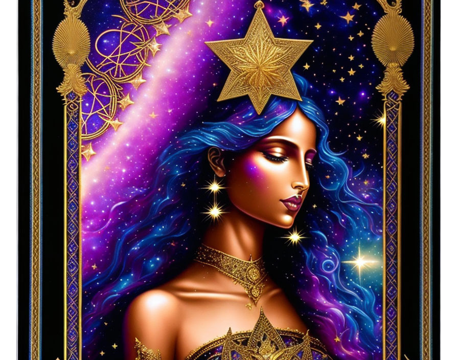 Illustrated portrait of a woman with starry blue hair and mystical symbols in cosmic setting