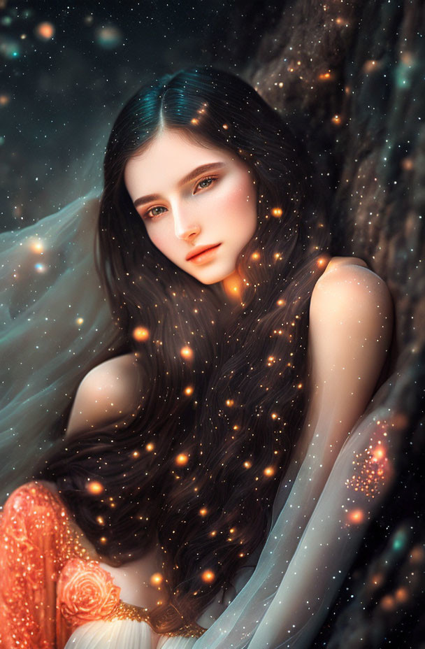 Portrait of a woman with long black hair in dreamlike starry setting