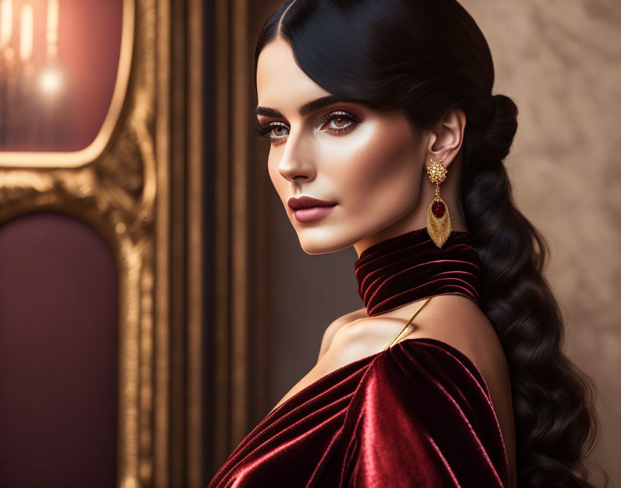 Sophisticated woman in velvet dress and gold earrings in vintage room