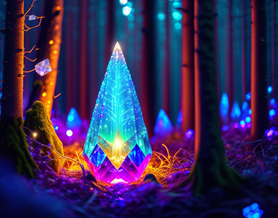 Mystical Forest Scene with Glowing Crystal and Blue/Purple Lights