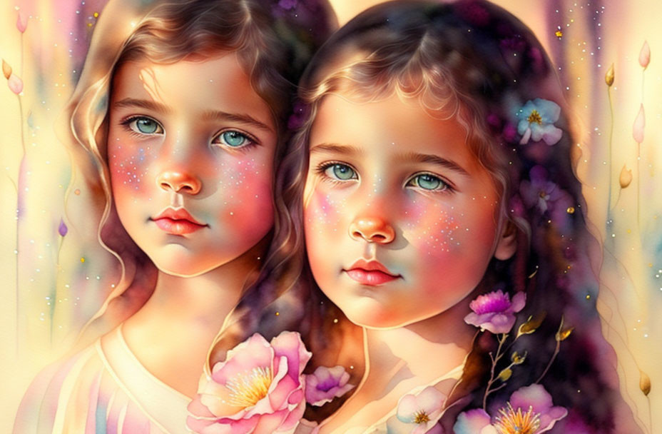 Ethereal digital artwork of young girls with star-speckled cheeks and flower-adorned hair