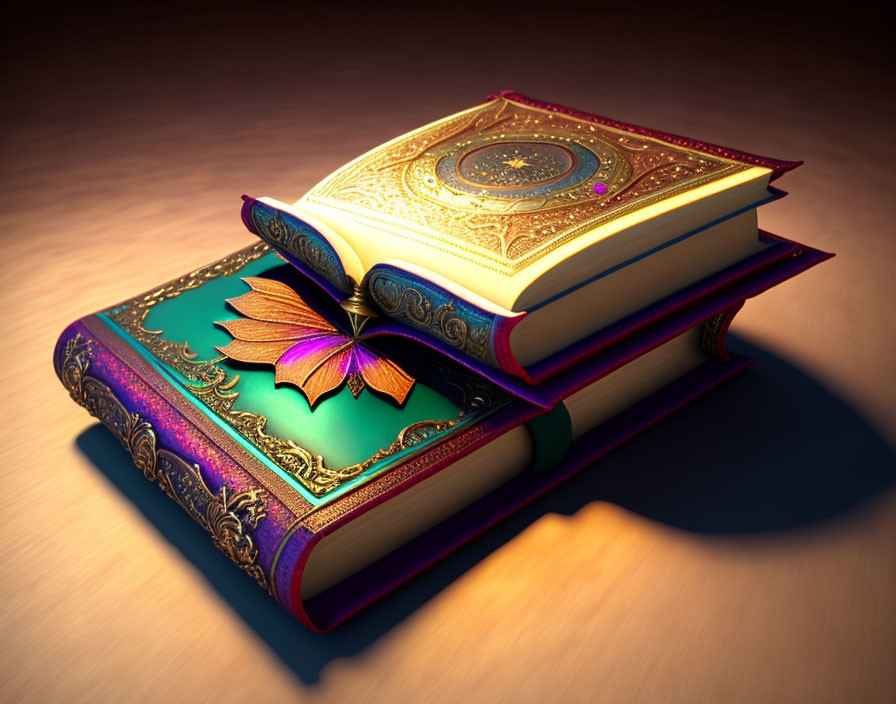 Ornate Books Stack with Butterfly on Wooden Surface