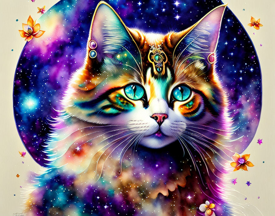 Colorful Cosmic Cat Artwork with Nebulae and Jewels